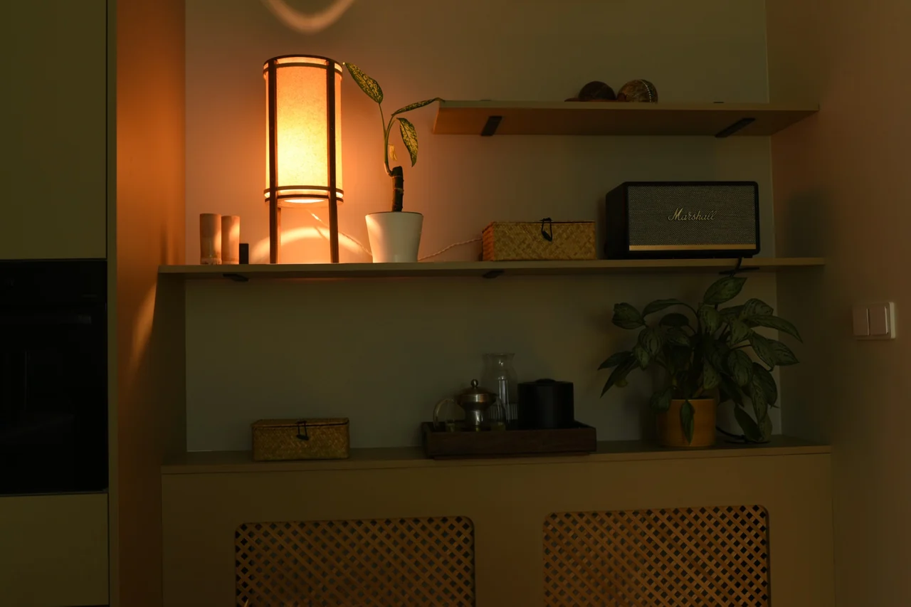 Lampa Ambient-50 włączona na półce we wnętrzu na Karłowicach we Wrocławiu