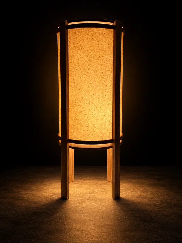 Cała lampa Ambient-50: papierowy klosz i dębowy stelaż